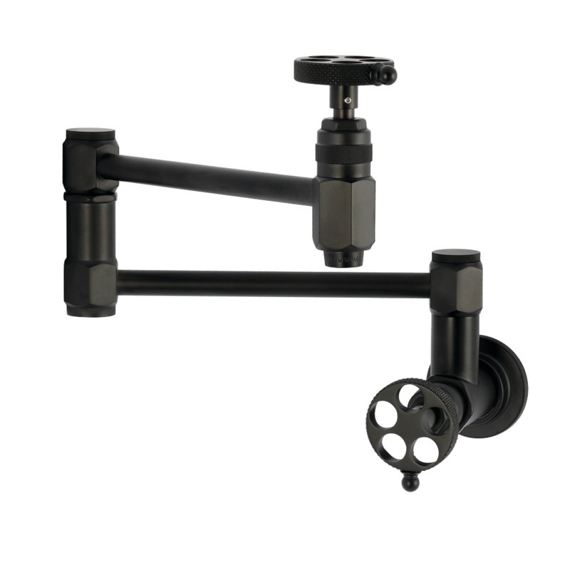 Kingston Webb Two-Handle 1-Hole Wall Mount Pot Filler Faucet With Knurled Handle, Matte Black