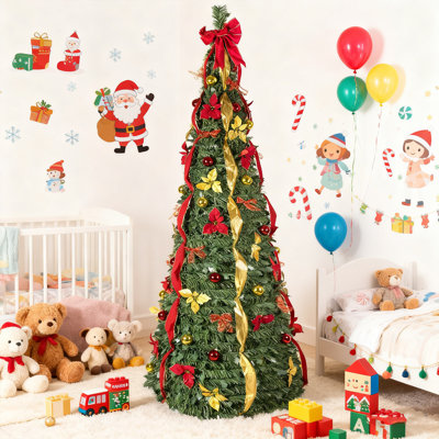 6FT Pop-Up Christmas Tree with 150 Warm White UL Lights – Pre-Decorated with Red & Gold Ornaments, Flowers, Ribbons & Bows