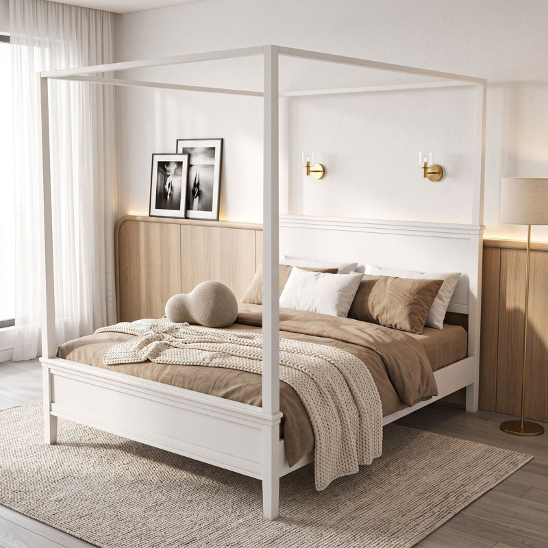 Wood Canopy Platform Bed with Headboard and Slats, Queen, Blanc