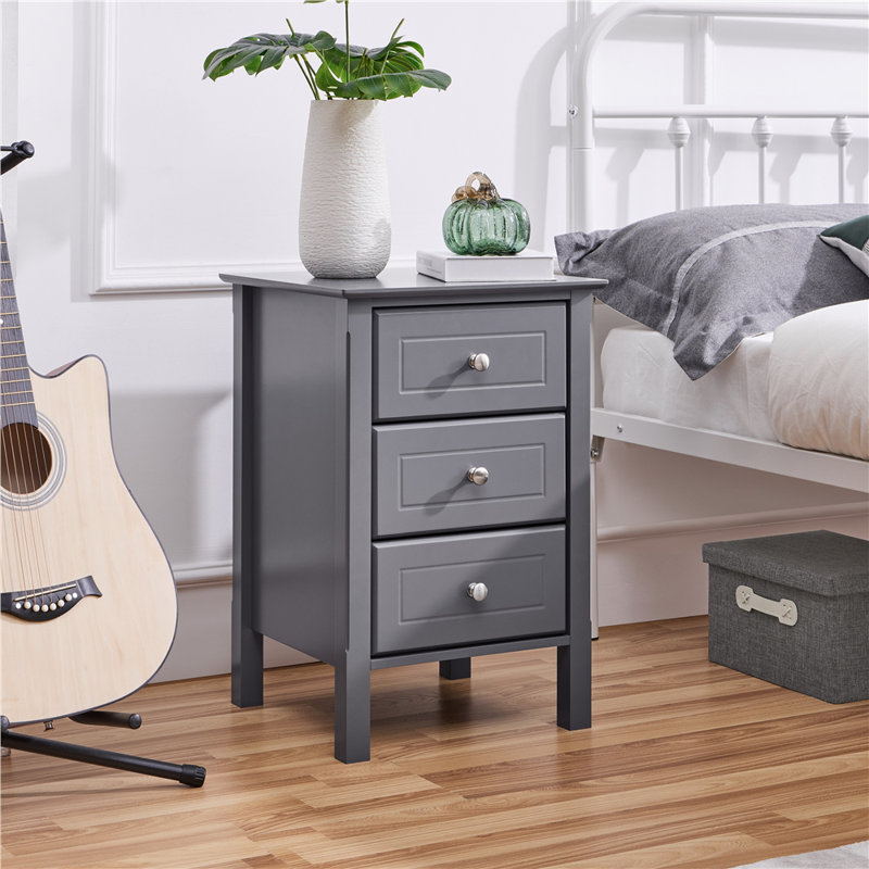 Modern 3 Drawer Bedside Table Nightstand, Grey, 2pcs