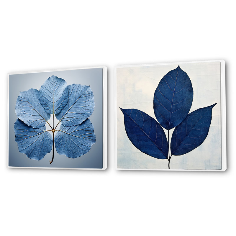 Feuilles bleues - Silhouette saphir - ensemble de 2 feuilles carrées, Cadre flottant blanc, H 30 po x l 61 po