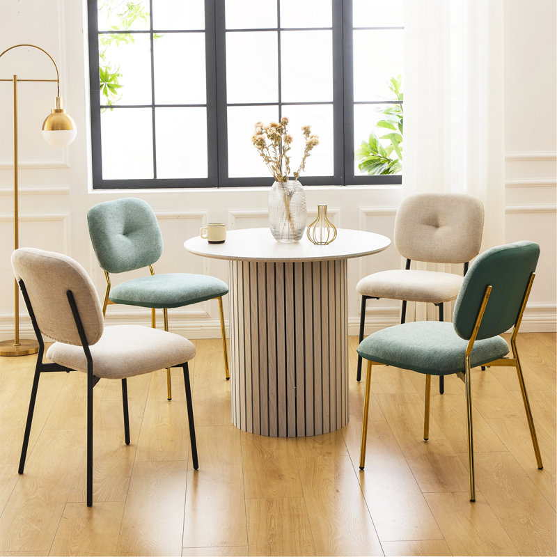 Modern 4-Person Dining Set: Bamboo & MDF Table With Turquoise & Beige Fabric Chairs, Metal Legs – Space-Saving Kitchen/Dining Room Furniture