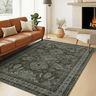 Grand tapis lavable antidérapant Tapis de salon rétro à motif floral patiné ultra-mince