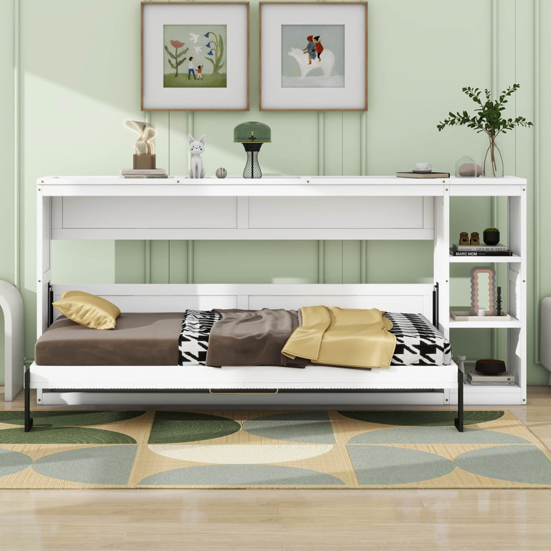 Modern Murphy Bed With Bookshelf, Twin, White