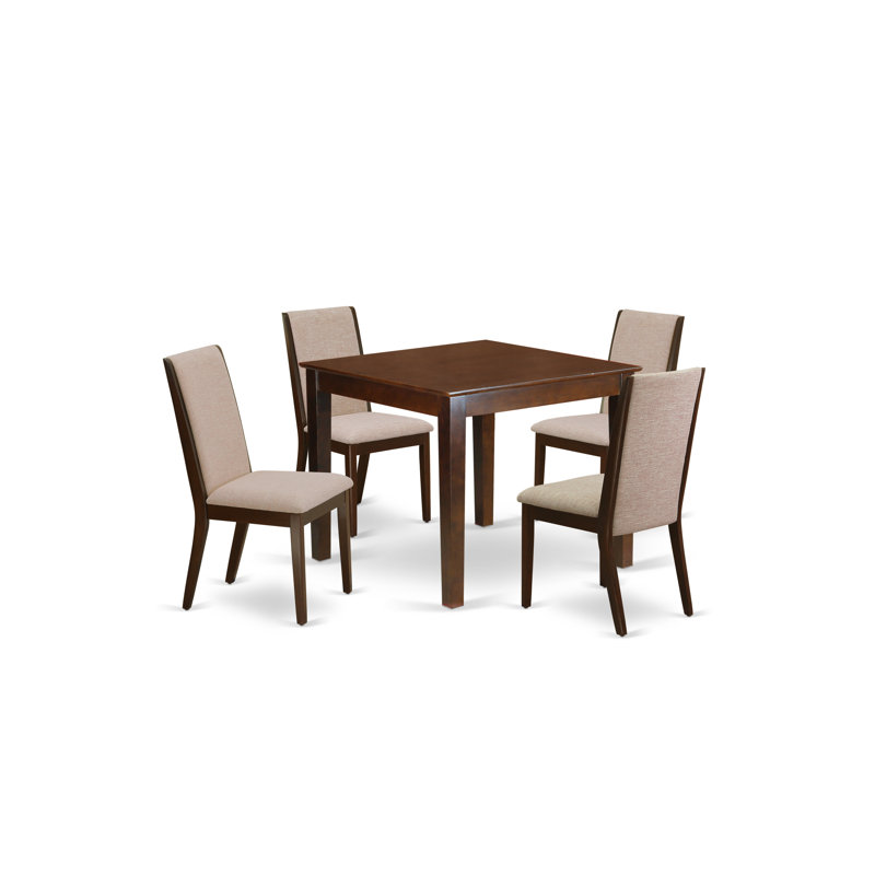 Ensemble de 5 pièces pour coin-repas pour 4 personnes comprenant une table de salle à manger carrée et 4 chaises Parson rembourrées en lin brun clair et acajou