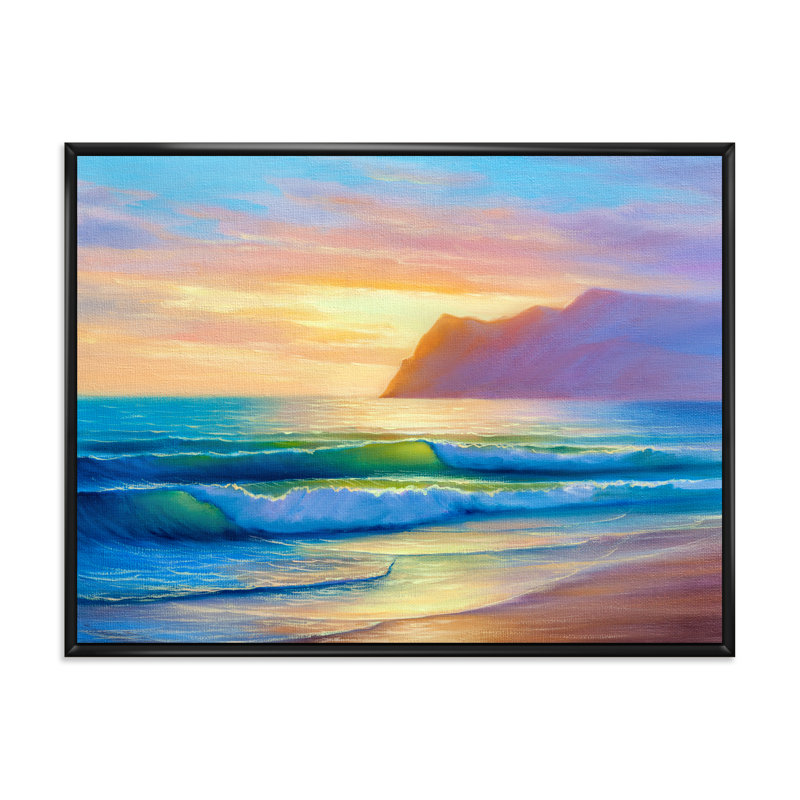 «Morning Sunlight On The Sea Waves IV», peinture sur toile, H 24 po x l 32 po x P 1 po, Cadre flottant noir