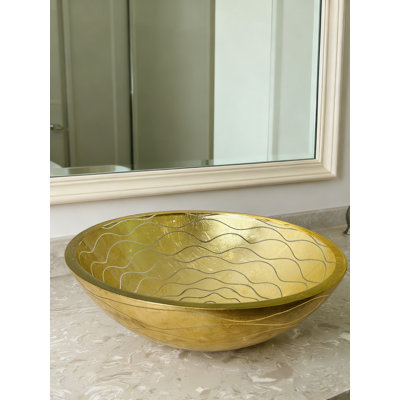 Gold Wave-patterned Art Glass Vessel Sink With Pop-up Drain – Handcrafted Luxe Design, Ideal For Bathroom Vanity Upgrades | Model Lav-fws108
