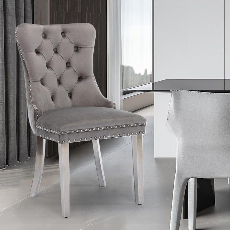 High-end Tufted Velvet Upholstered Nailhead Dining Chair, Light Blue, Light Brown