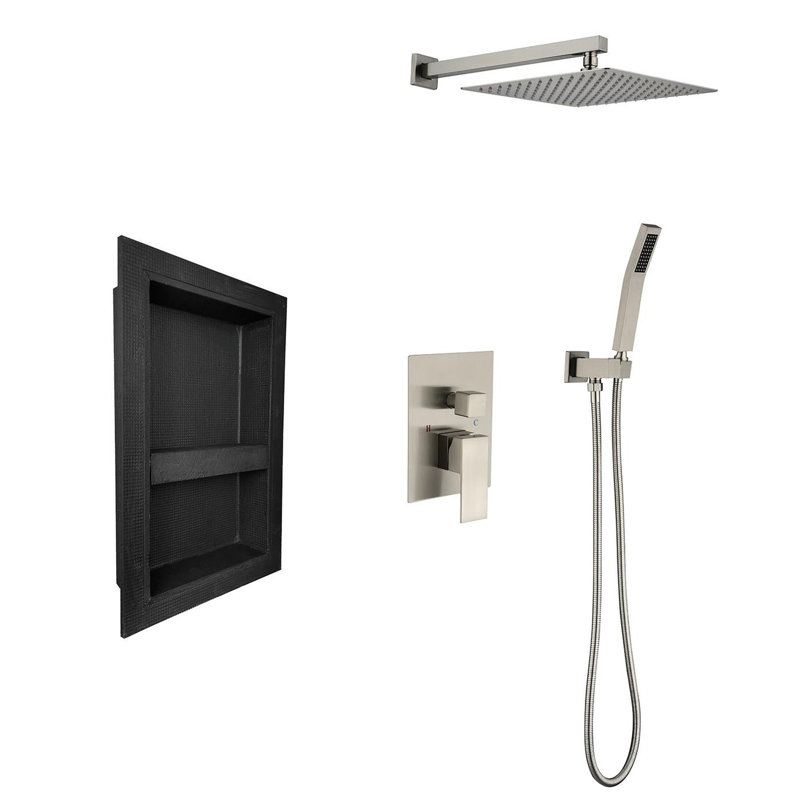Douche avec soupape d'équilibre - Douche à effet de pluie, soupape à main, support, boyau, tête de quincaillerie de fixation à finition nickel brossé,