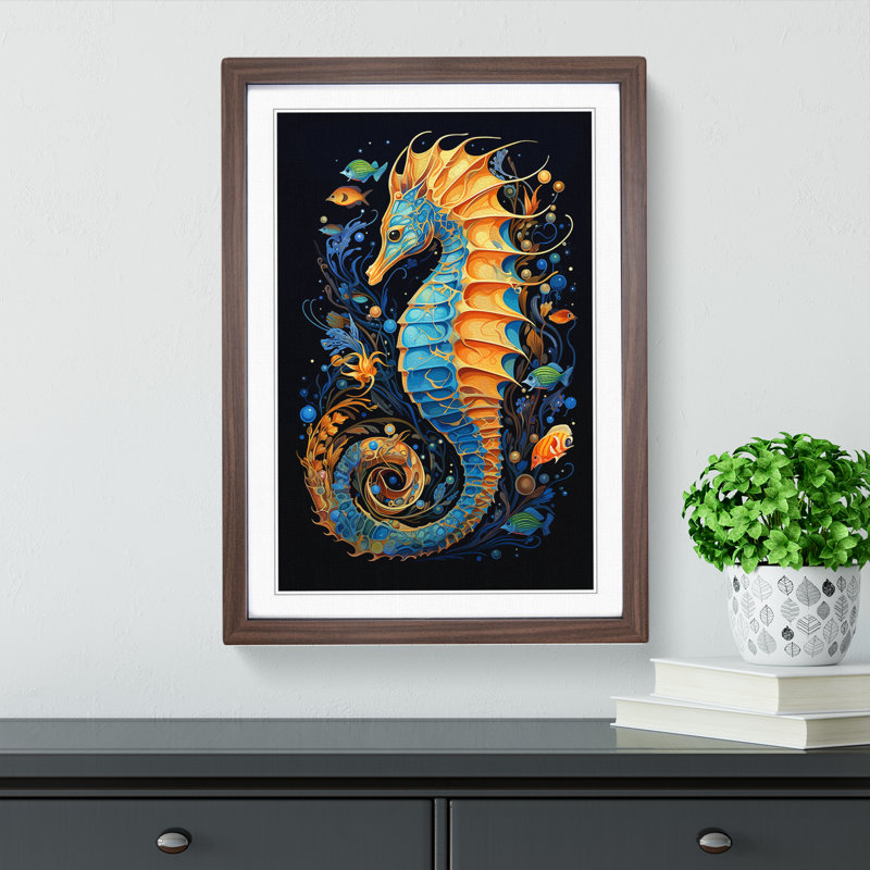 Seahorse Orphism - Single Picture Frame Print on Wood, 64cm H x 46cm W x 2cm D, Walnut 