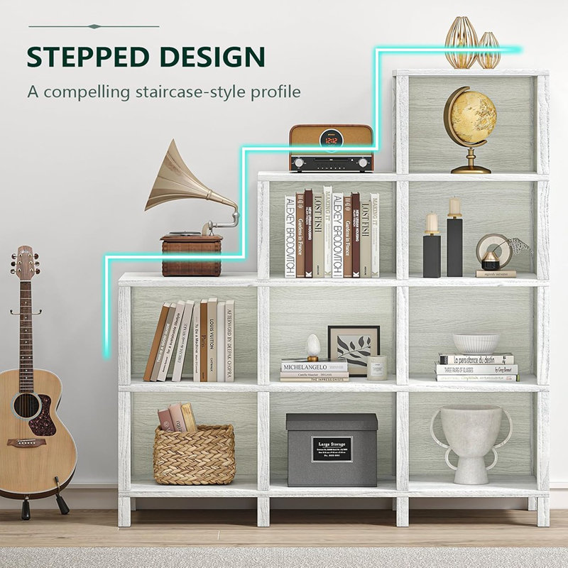9-Cube Ladder Bookcase & Bookshelf, Floor Standing Display Storage 12 Shelves Bookshelf