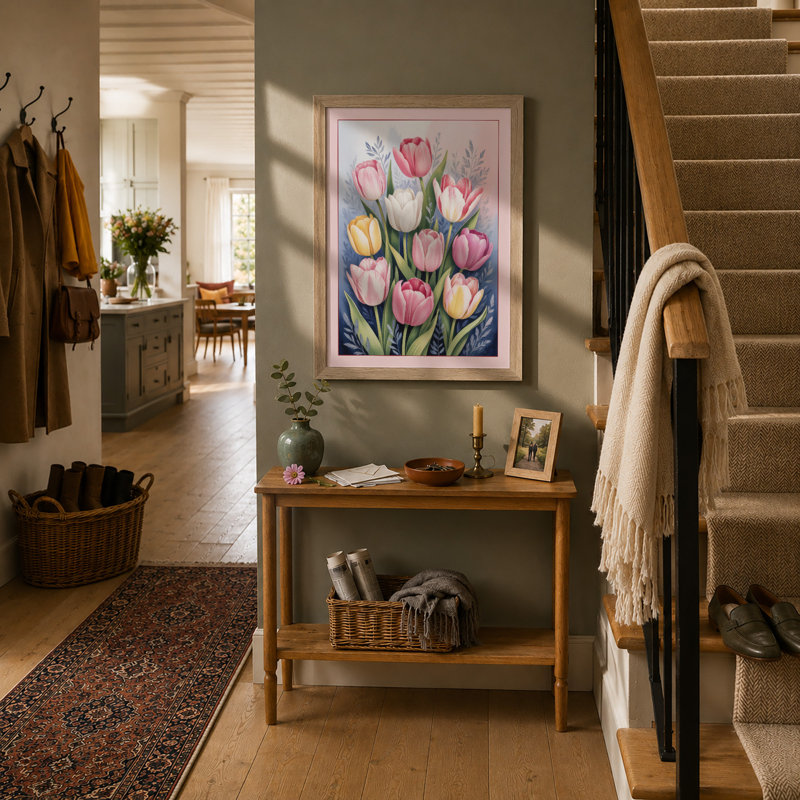 Tulips in Soft Bloom Botanical - Framed Print, A2 - 59.4 x 42.0 cm, Oak