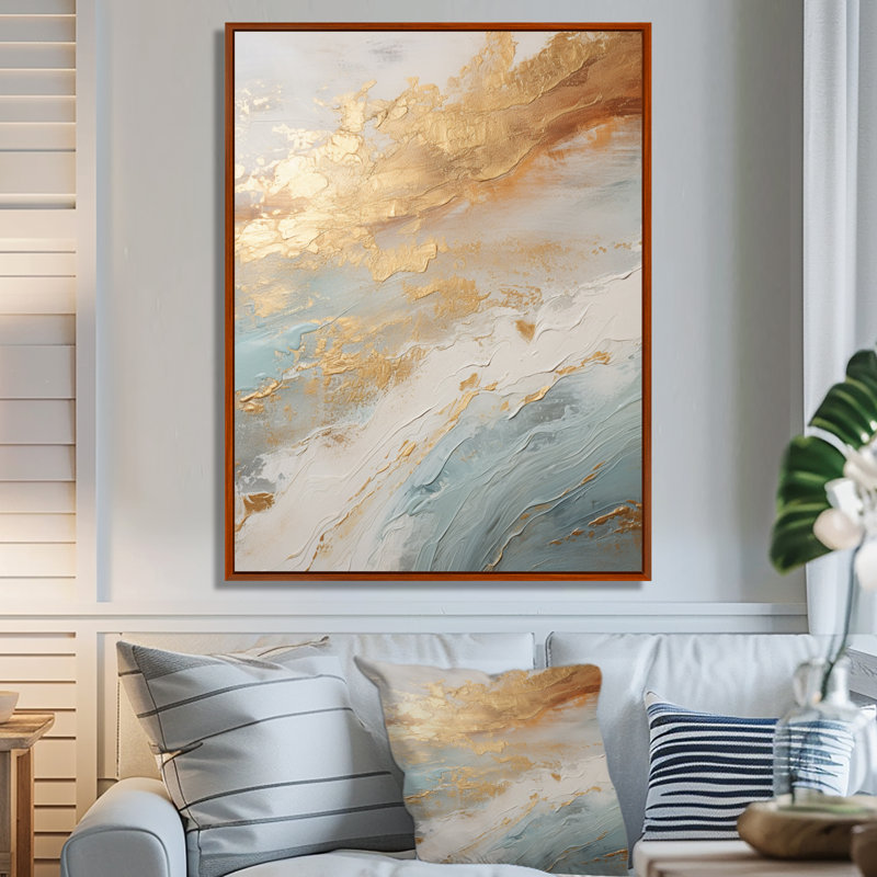 «Golden and Blue Beach Tranquility IV - Coastal Beach», art mural encadré, 20" H x 12" W, Gold Picture Framed