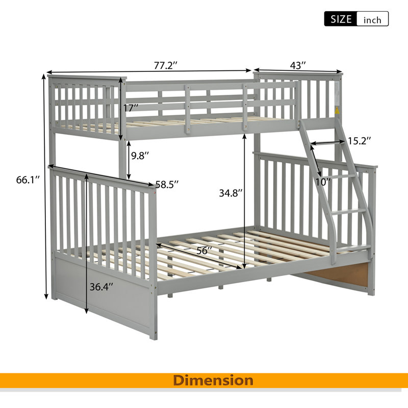 Lit simple superposé au-dessus d'un lit double, lit superposé en bois avec échelle et garde-corps