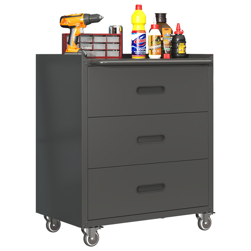 Armoire de rangement robuste en métal à 3 tiroirs avec roulettes pour le garage, le bureau et la maison, noir