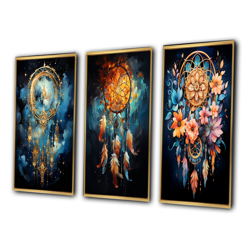 «Gold Dreamcatcher Celestial Dreams», 3 pièces sur toile, Encadrement doré, H 20 po x l 36 po