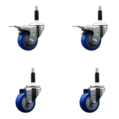 3 Inch SS Poly Swivel 7/8 Inch Expanding Stem Caster Set 2 Total Lock Brakes