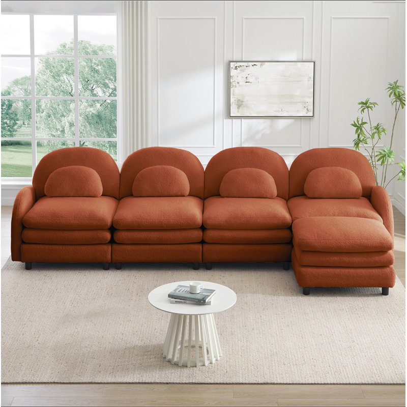 Canapé Teddy en tissu 4 places en forme de nuage, dossier incurvé et accoudoirs avec coussins lombaires incurvés, canapé modulaire 4 places modulaire avec repose-pieds mobile et coussin de soutien à double couche