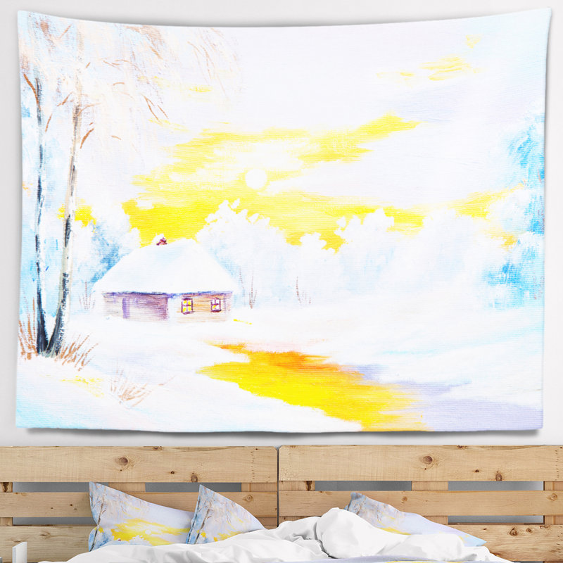 Rivière gelée de paysage en tapisserie d'hiver, H 78 po x l 92 po