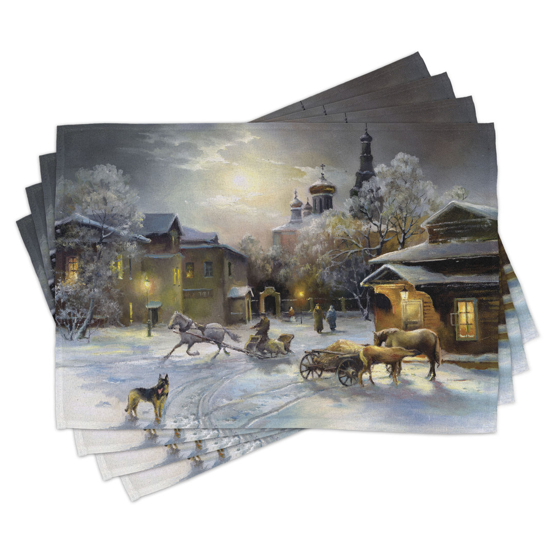 Platzdeckchen 4er Set, Ländliche Winterlandschaft, Multicolor