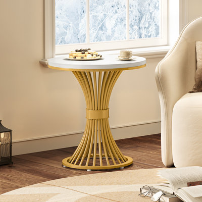 Modern Round Side Table, Small Faux Marble End Table with Gold Metal Base by 17 Stories