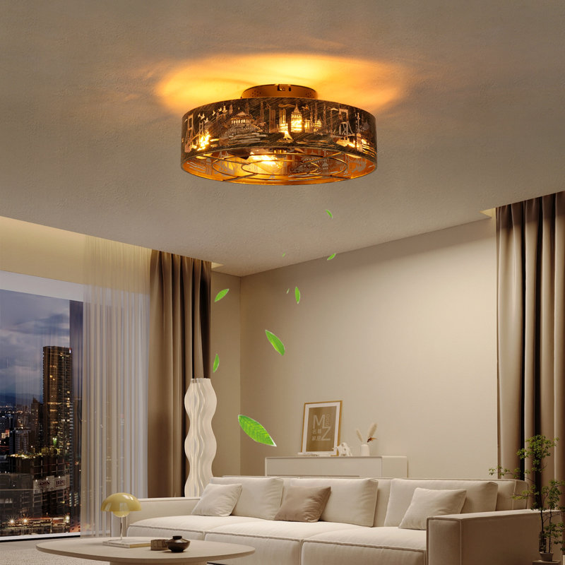 20-Inch Caged Ceiling Fan With Light, Low Profile Flush Mount Farmhouse Enclosed Fandelier, 7-Speed Reversible DC Motor, Remote Control, E26 Bulb Base (Bulbs NOT Included), For Bedroom Living Room
