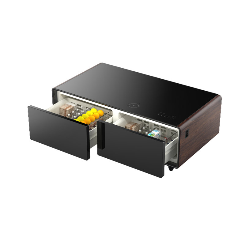 Modern Smart Coffee Table With Built-In Fridge, Bluetooth Speaker, Wireless Charging Module, Touch Control Panel, Power Socket, USB Interface, Outlet Protection, Atmosphere Light, And More