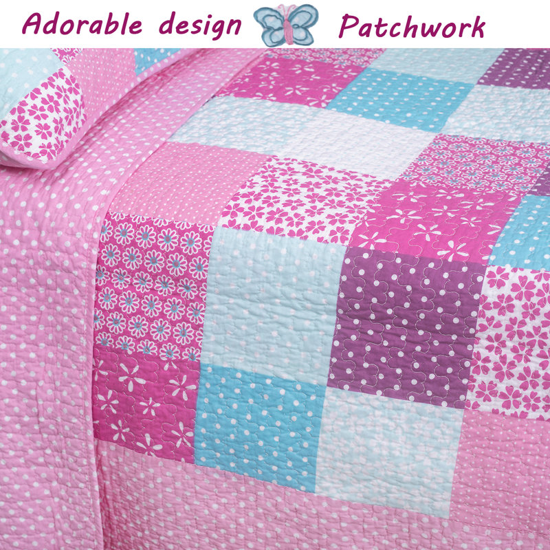 Pink and Purple Cotton Reversible Twin Quilt Set