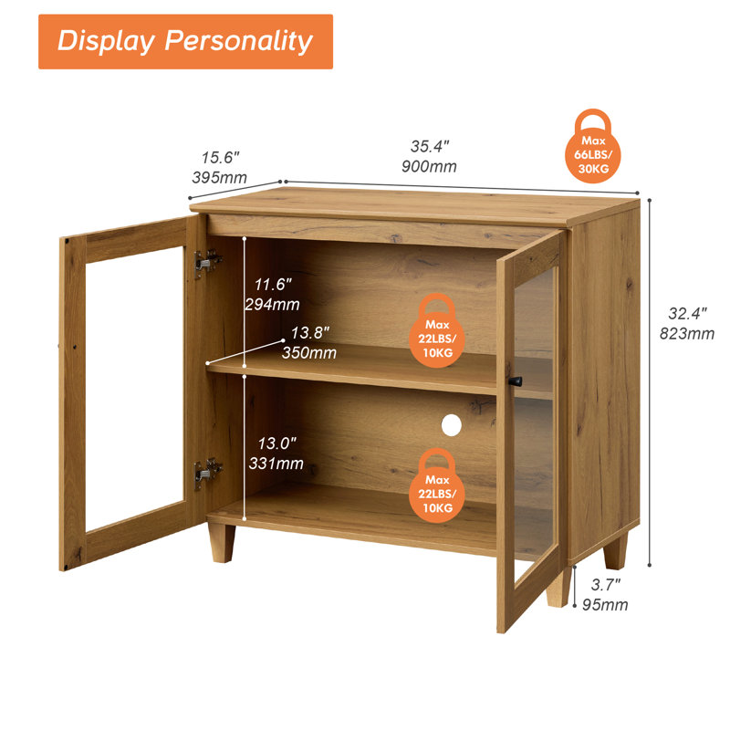 Lysiane 35" Small Sideboard Buffet Cabinet With Glass Doors, Modern Wood Kitchen Credenza Storage Cabinet With Adjustable Shelf For Living Room, Dining Room
