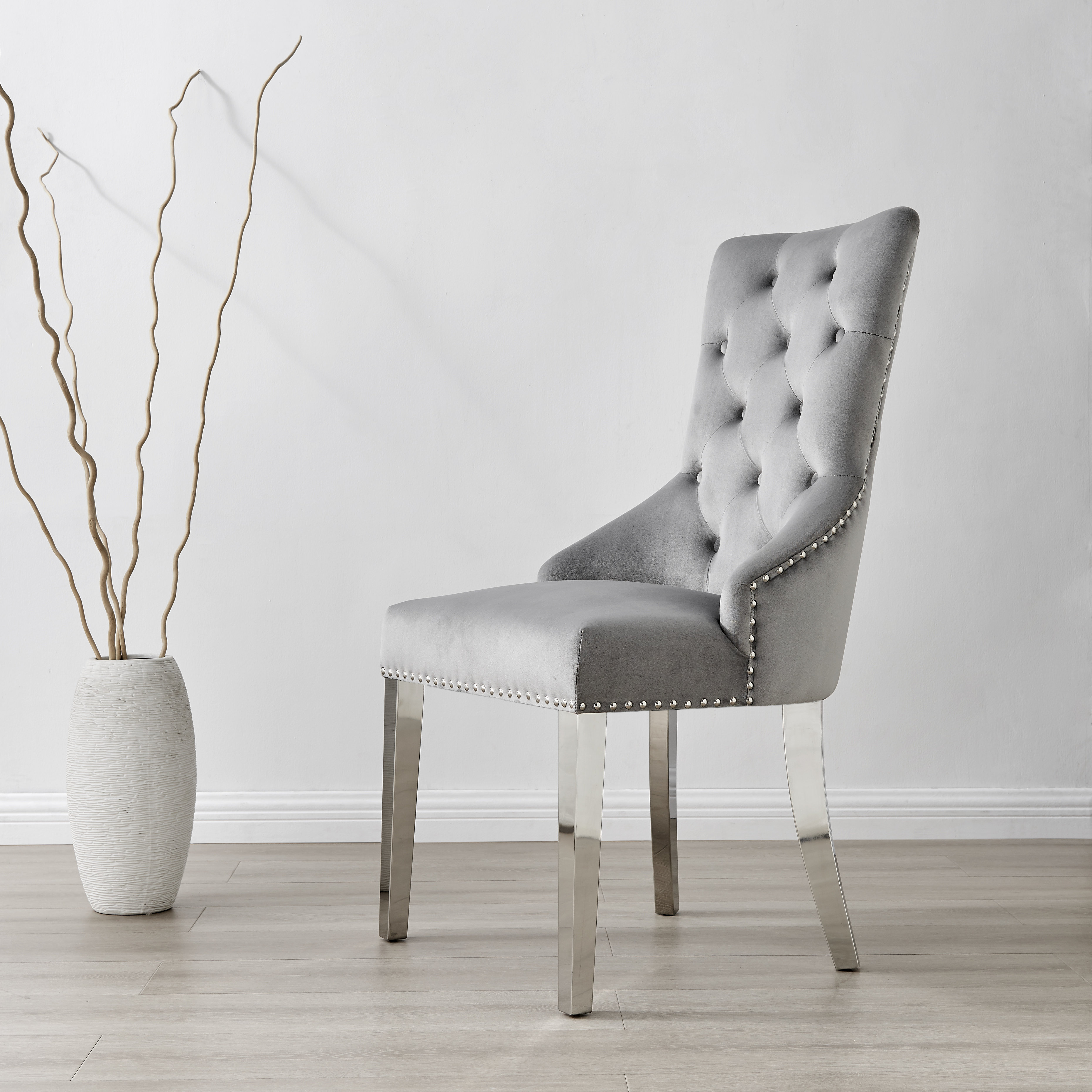 Edward Luxury Tufted Velvet Upholstered Dining Chairs Classic Design Set of 2 East Urban Home Leg Color Silver Upholstery Color Gray