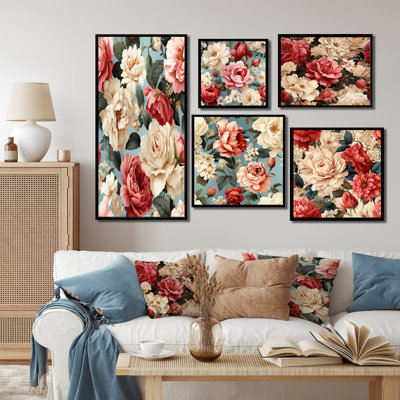Vintage Pink And Blue Charm Floral Pattern - Floral Canvas Art Print Set Of 5