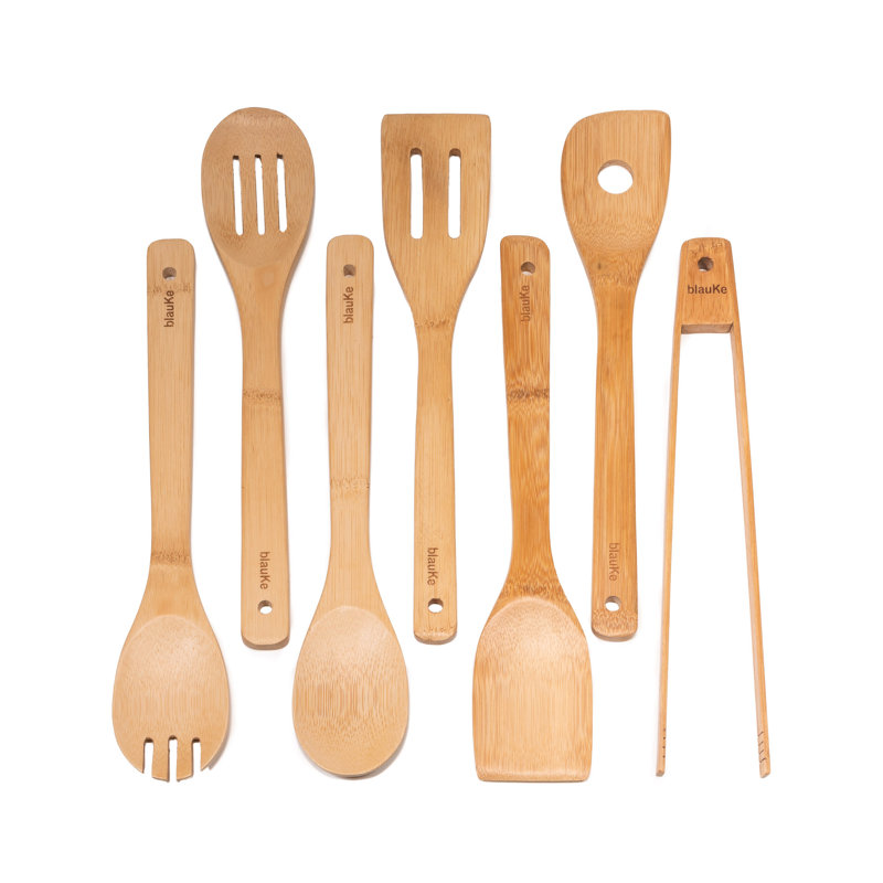  Wooden Kitchen Utensils Set of 7 - Bamboo Cooking Utensils for Non-Stick Cookware - Wooden Spatulas, Wooden Spoons, Tongs