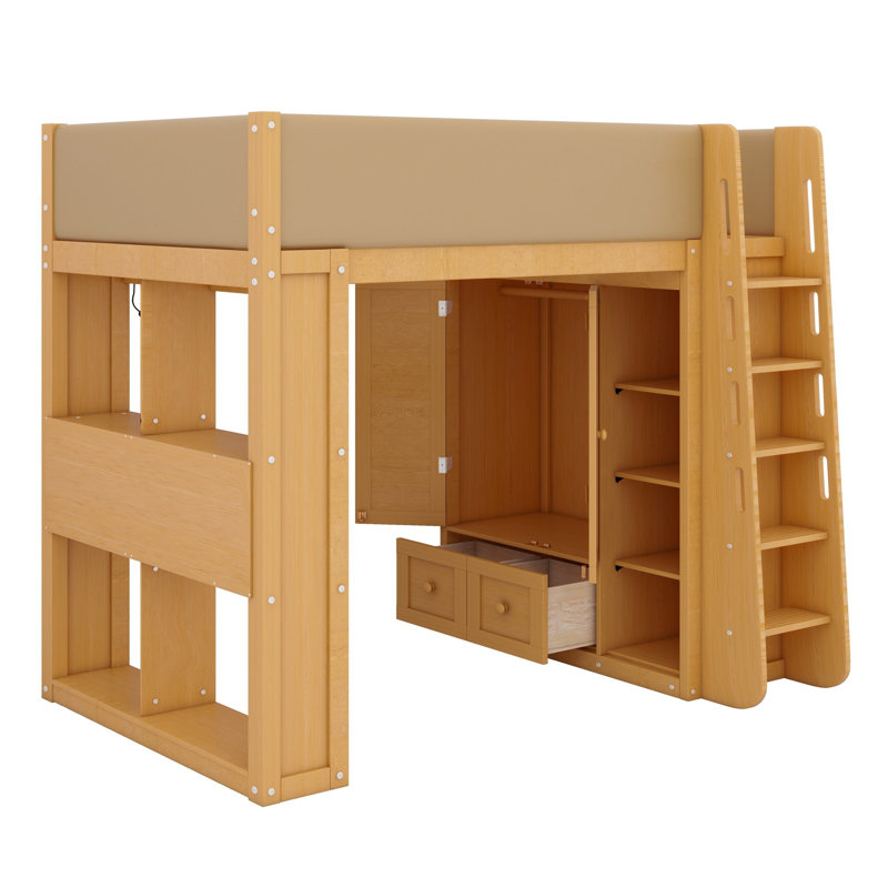 Lit mezzanine avec armoire intégrée, tiroirs, étagères et éclairage DEL d'ambiance pour un rangement gain de place, Bois