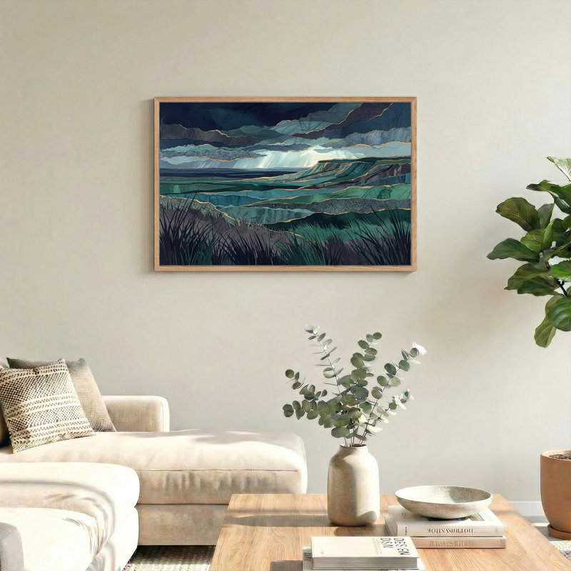 «Layered Green Hills and Grass» avec art décoratif sur toile dorée, H 24 po x l 36 po