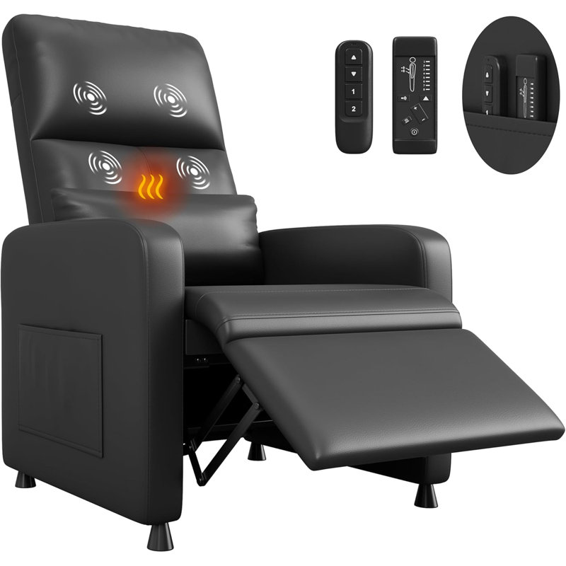 Fauteuil inclinable électrique avec massage et chaleur avec fonction de massage avec soutien lombaire, dossier réglable, accoudoirs larges, repose-pieds et canapé simple en cuir avec siège rembourré, 2 poches latérales et port USB