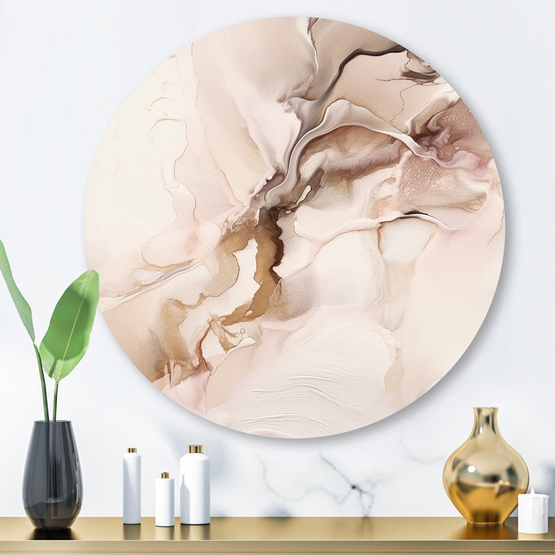 Brun délicat, marbre délicat I - art abstrait rond en marbre sur métal, H 16 po x l 16 po x P 1 po