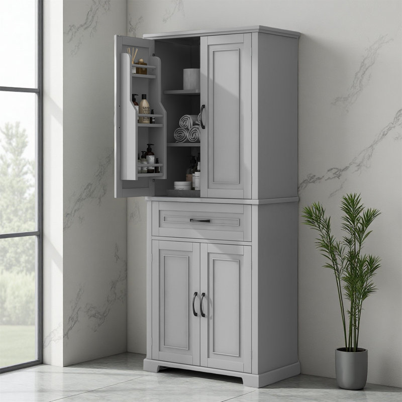 Armoire de rangement pour salle de bain de qualité supérieure avec portes et tiroir - Solution de rangement en panneau de fibres à densité moyenne avec tablette réglable pour beaucoup d'espace, gris