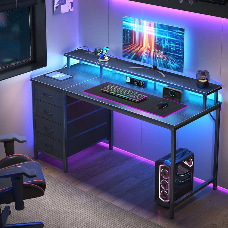 Bureau fixe 47 pouces, 4 tiroirs + tablette de rangement avec lumière DEL et multiprise, Noir, 34" H x 47.24" W x 19.7" D