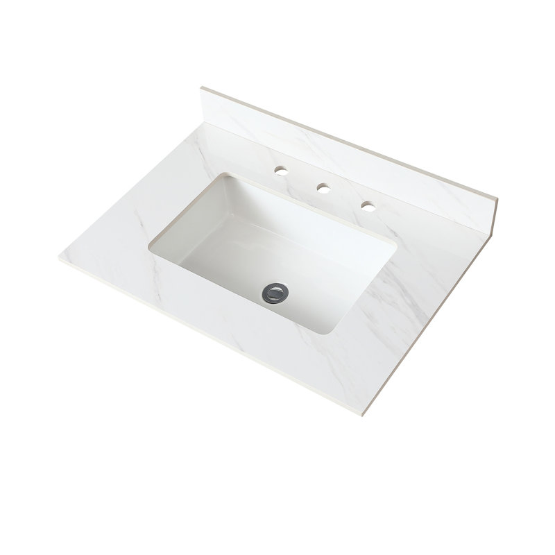 31 po. Comptoir de meuble-lavabo 31 po - Pierre frittée blanche avec lavabo rectangulaire et dosseret de 4 po de hauteur, 31 po en pierre, lavabo central, ajoute de l'élégance à
