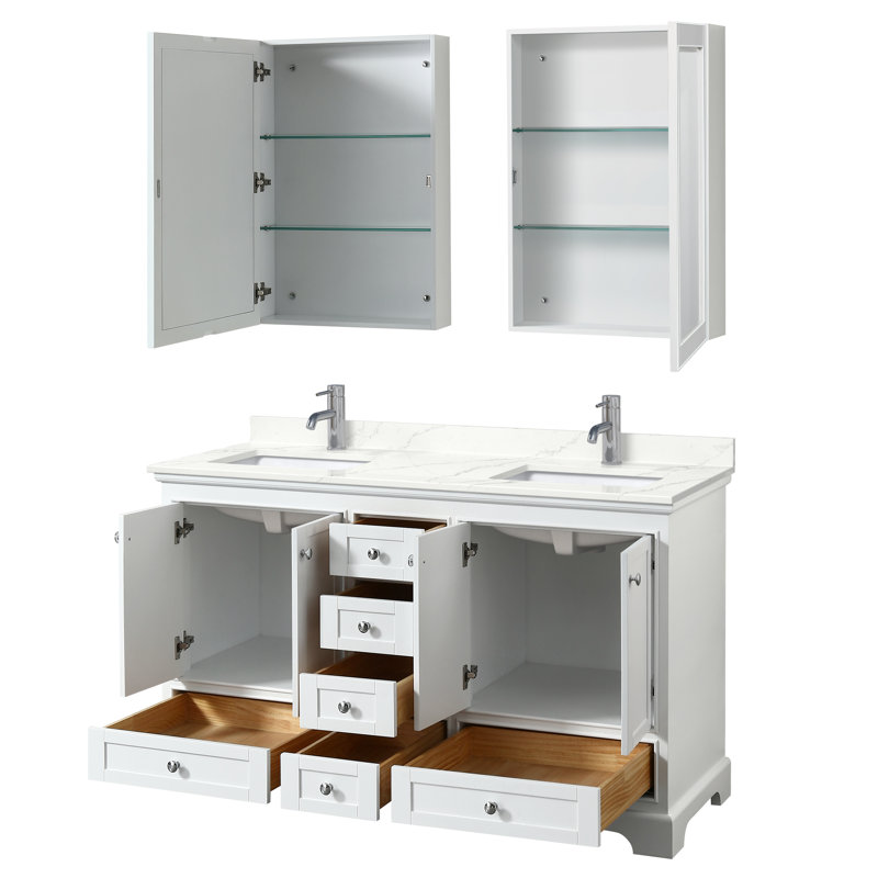 Meuble-lavabo double autoportant Deborah avec plateau en quartz, Blanc, Quartz Giotto, Chrome poli