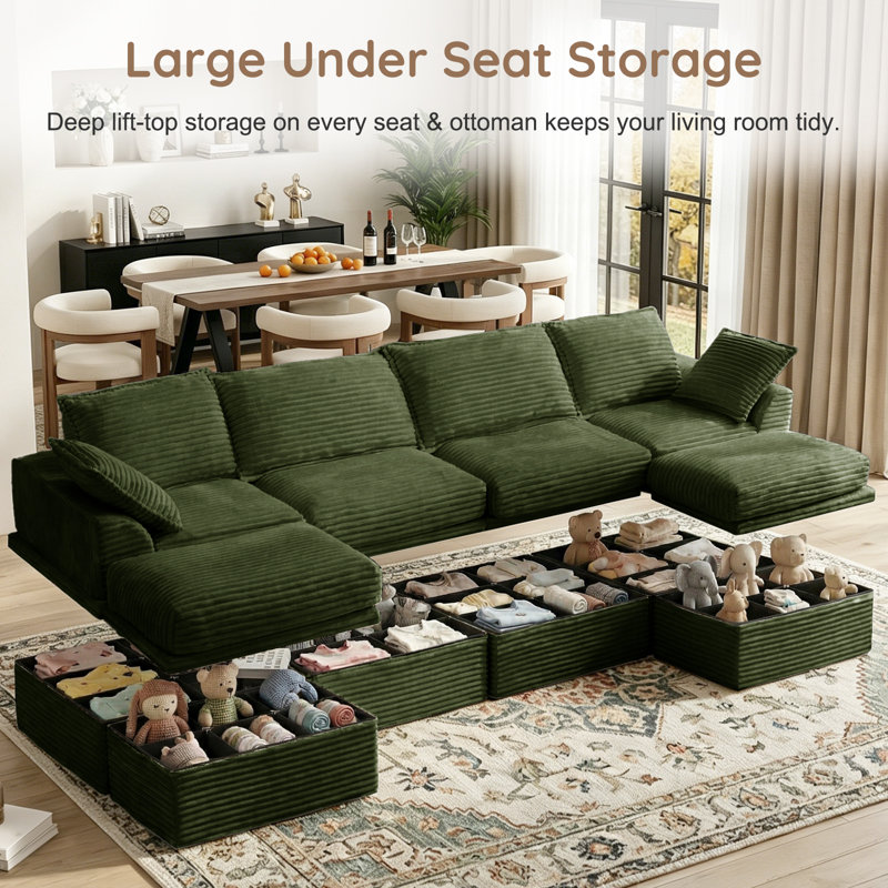 Boneless 142" Cloud Modular Sectional Couch with 2 Ottomans, Modern Minimalist Upholstered Sofa, Comfort U Shaped Couch for Living Room, Deep Seat Corner Sofa with Under-Seat Storage, Easy Assembly Required