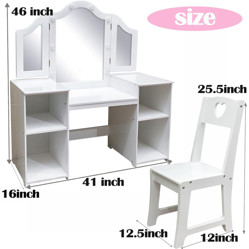 Ensemble coiffeuse et miroir pour enfants Causey, Blanc