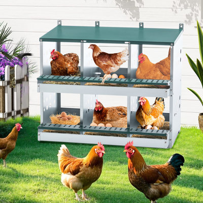 Boîte de nidification en acier galvanisé avec 6 compartiments pour la ponte des œufs de poule, poulailler bien conçu et protection, intérieur confortable, installation facile, 29 lb de construction en acier, inclinée