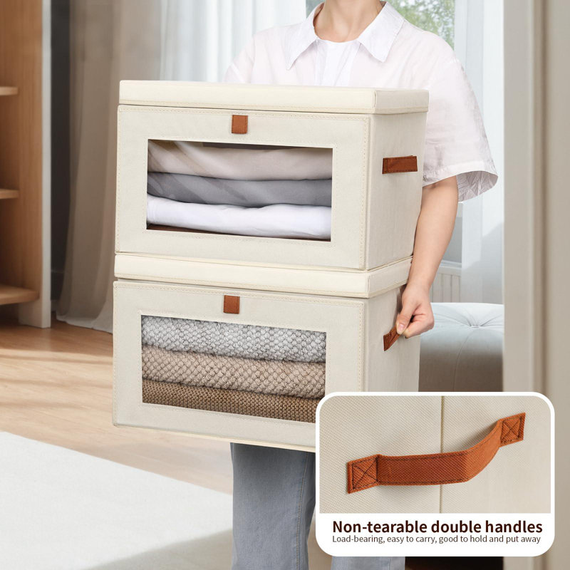 Organisateur de rangement pour grand placard - bacs de rangement pour vêtements avec poignées et fenêtre, boîtes décoratives pliables avec couvercles, contenants en tissu, paquet de 2, beige