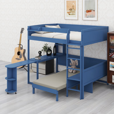 Modern Loft Bed Setup with Workstation, Bedside Shelf, Seating Sofa, and Lighting Element