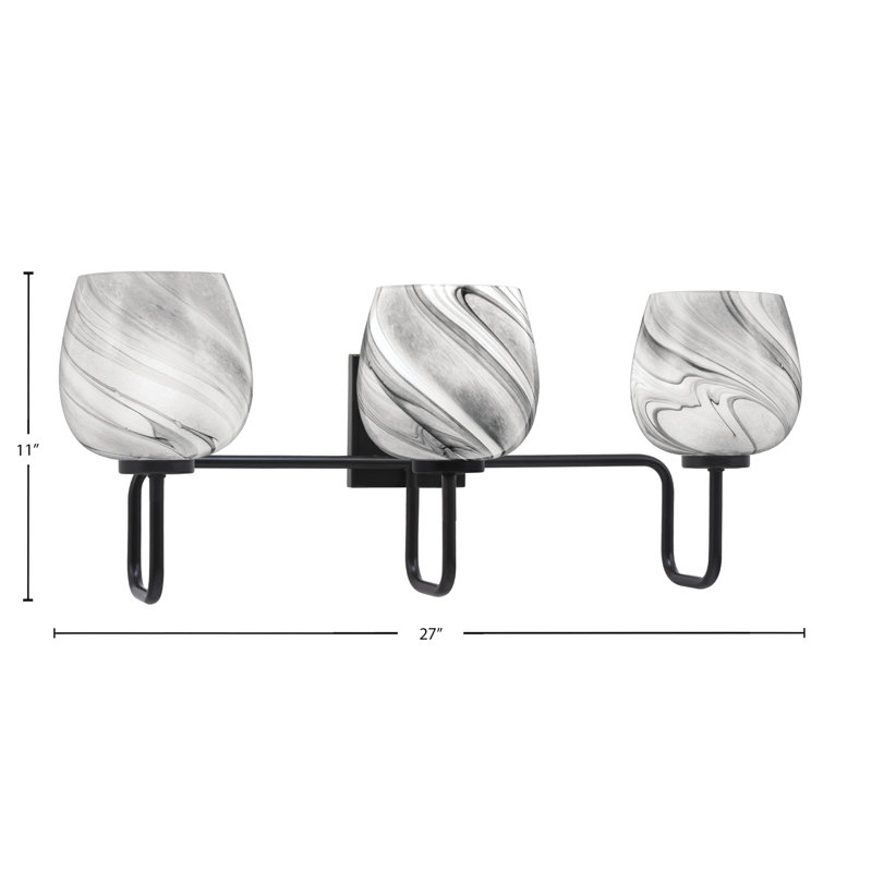 Barre d'éclairage de salle de bain 3 lumières Amarmula, finition noir mat, verre tourbillon onyx 6 ", Noir