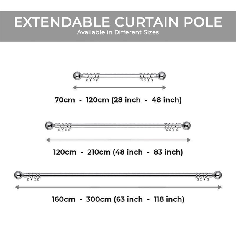 Altadena Adjustable Single Curtain Pole, Silver, 210cm W x 3cm D