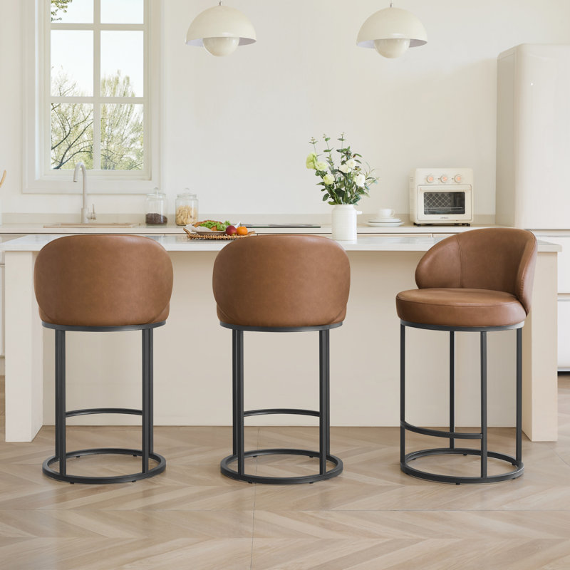 Angelick 27" Swivel Counter Stool With Cylindrical Metal Frame, 3, Saddle Brown Seat/Matte Black Frame