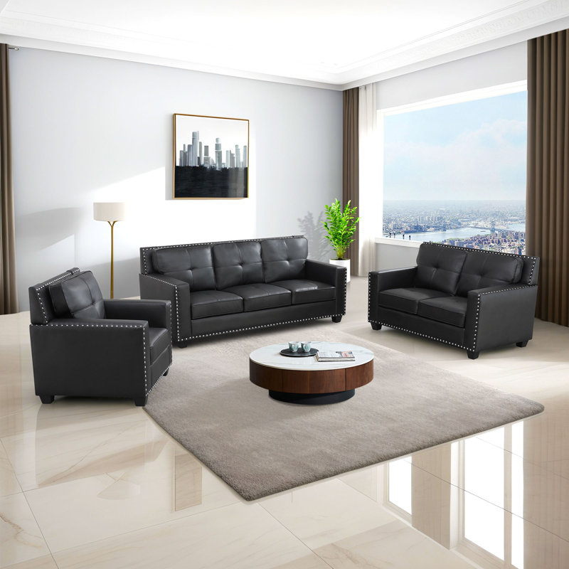3 Piece Black Vegan Leather Nailhead Trim Living Room Set
