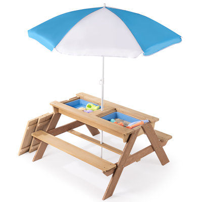 Lifesky Kids Wooden Picnic Table: 3-in-1 Convertible Activity Table With Umbrella - 1 Table For Sand Play Water Play & Outdoor Dining - Seats 4 Kids Ages 3-10 Backyard Garden Beach